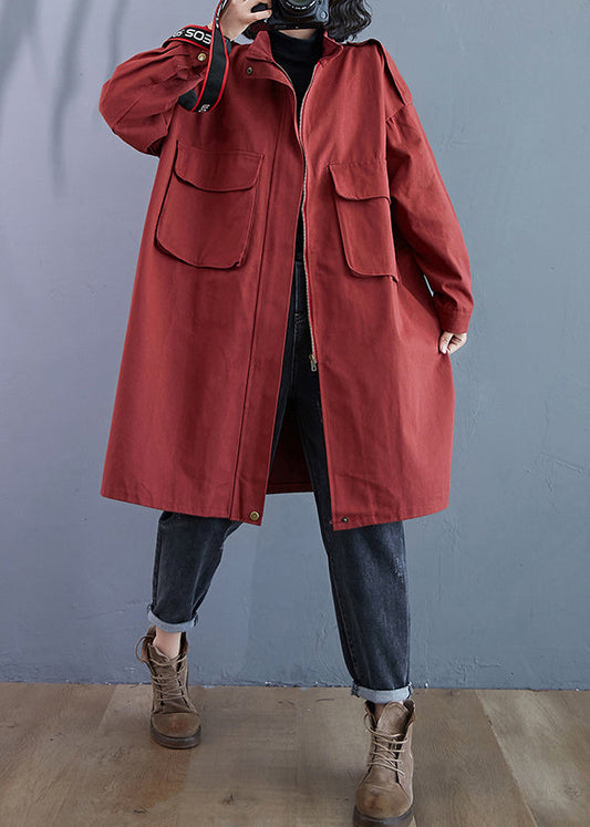 WW | Größe Ziegelrot Reißverschluss Taschen Patchwork Baumwolle Trenchcoats