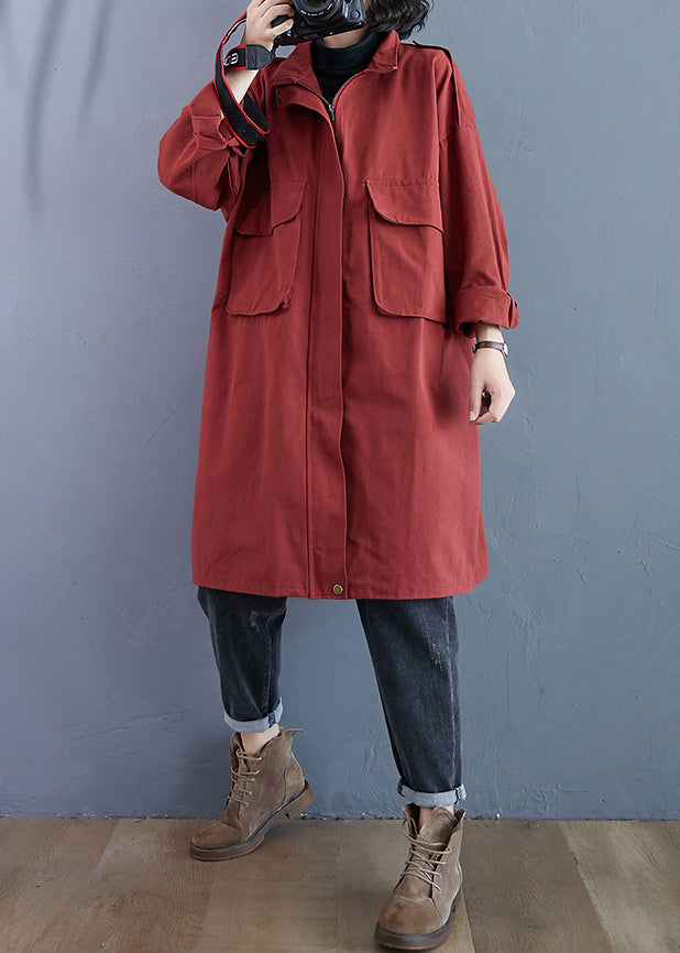 WW | Size Brick Red Zipper Pockets Patchwork Cotton Trench Coats
