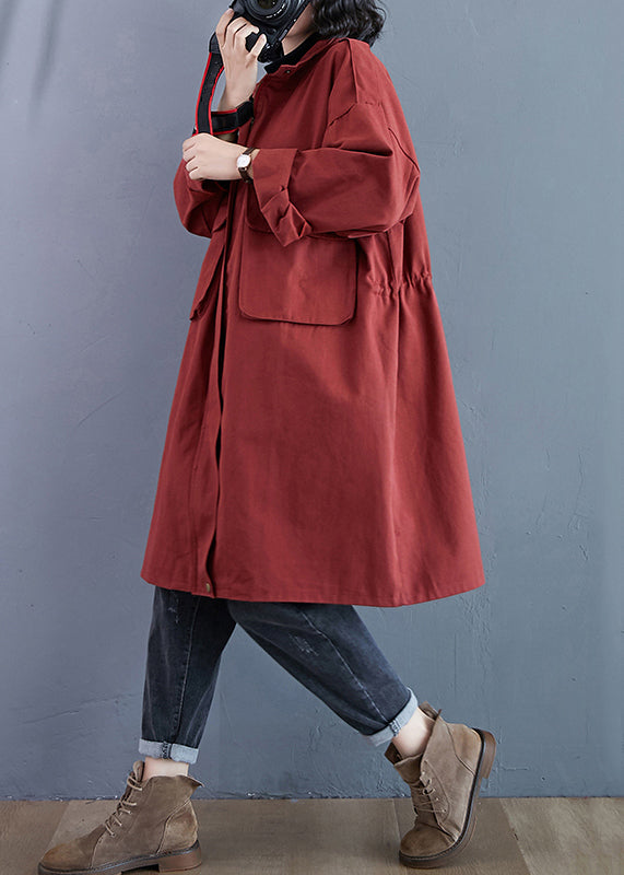 WW | Size Brick Red Zipper Pockets Patchwork Cotton Trench Coats