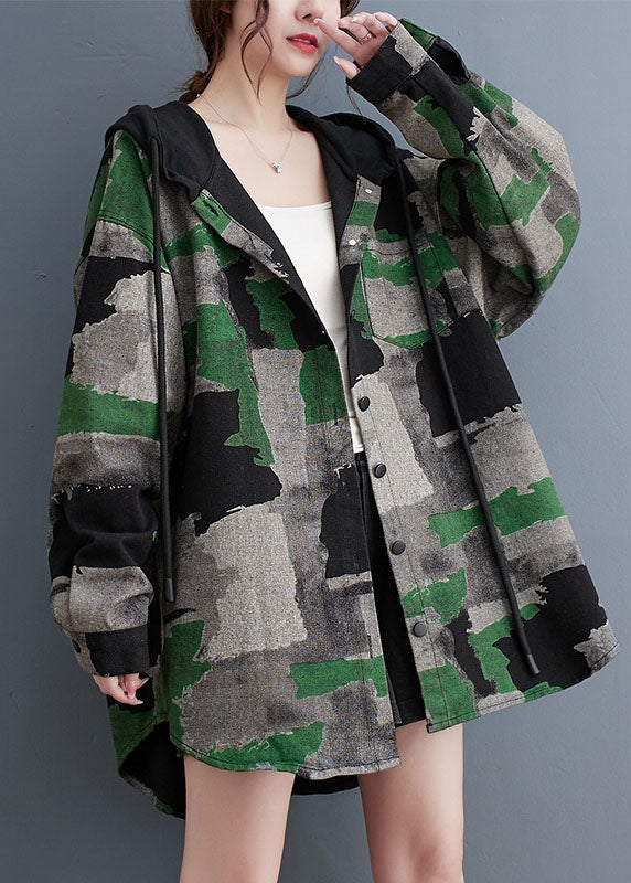 WW | Size Camouflage Print Pleated Hoodie Coats Long Sleeves