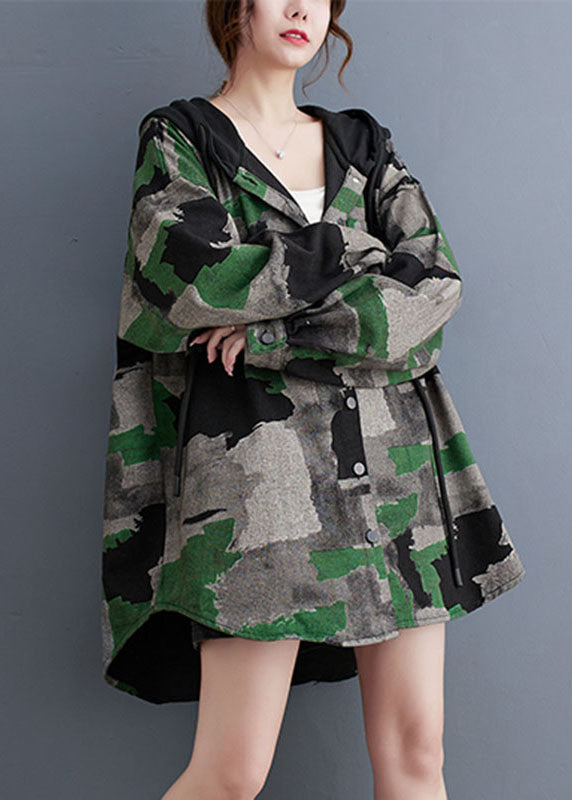 WW | Size Camouflage Print Pleated Hoodie Coats Long Sleeves