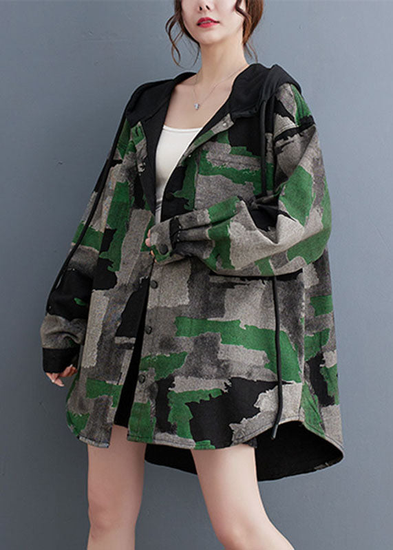 WW | Size Camouflage Print Pleated Hoodie Coats Long Sleeves