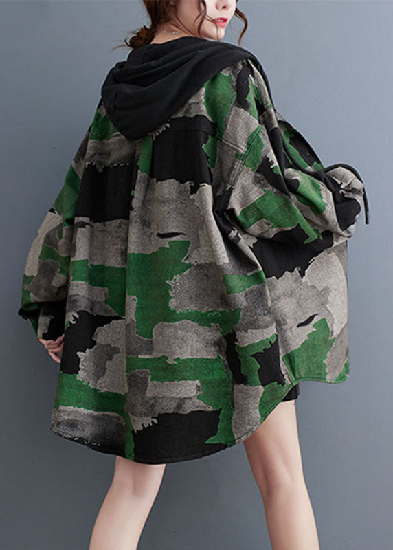 WW | Size Camouflage Print Pleated Hoodie Coats Long Sleeves