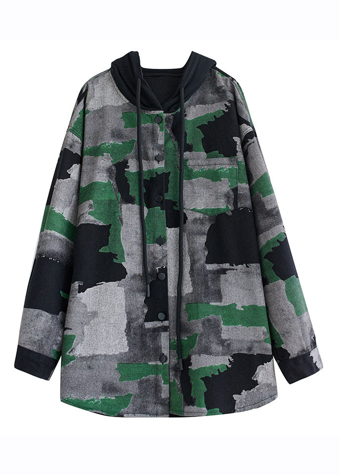 WW | Size Camouflage Print Pleated Hoodie Coats Long Sleeves