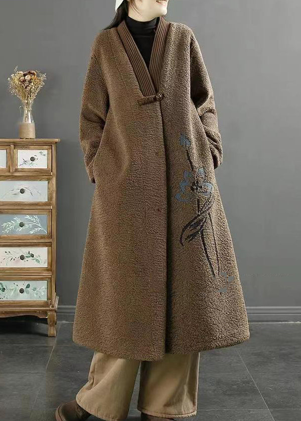 WW | Size Chocolate Embroidered Chinese Button Faux Fur Coats Winter