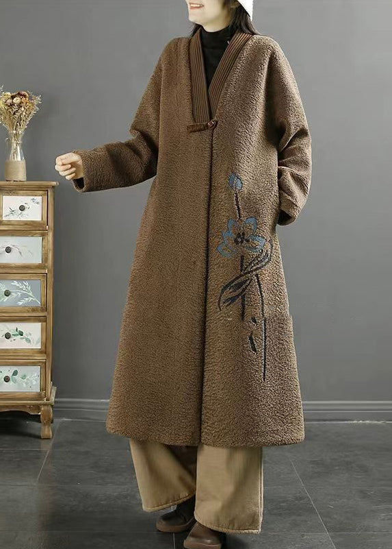 WW | Size Chocolate Embroidered Chinese Button Faux Fur Coats Winter