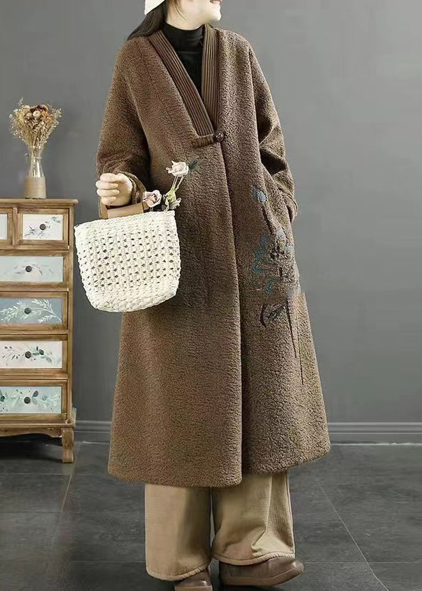 WW | Size Chocolate Embroidered Chinese Button Faux Fur Coats Winter