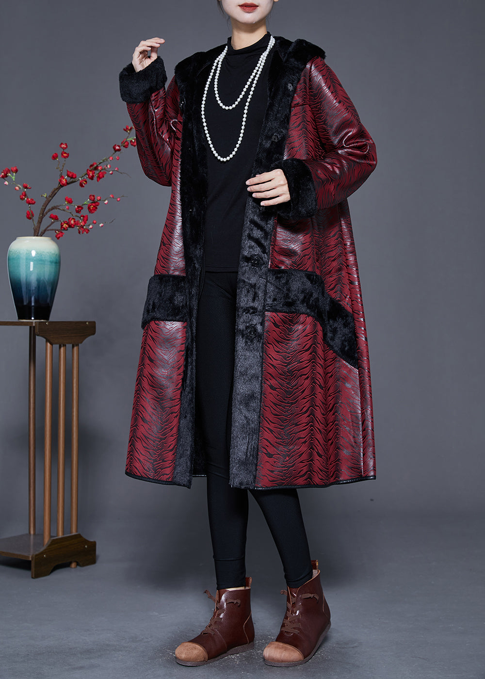WW | Plus Size Dull Red Hooded Patchwork Warm Fleece Coats Winter