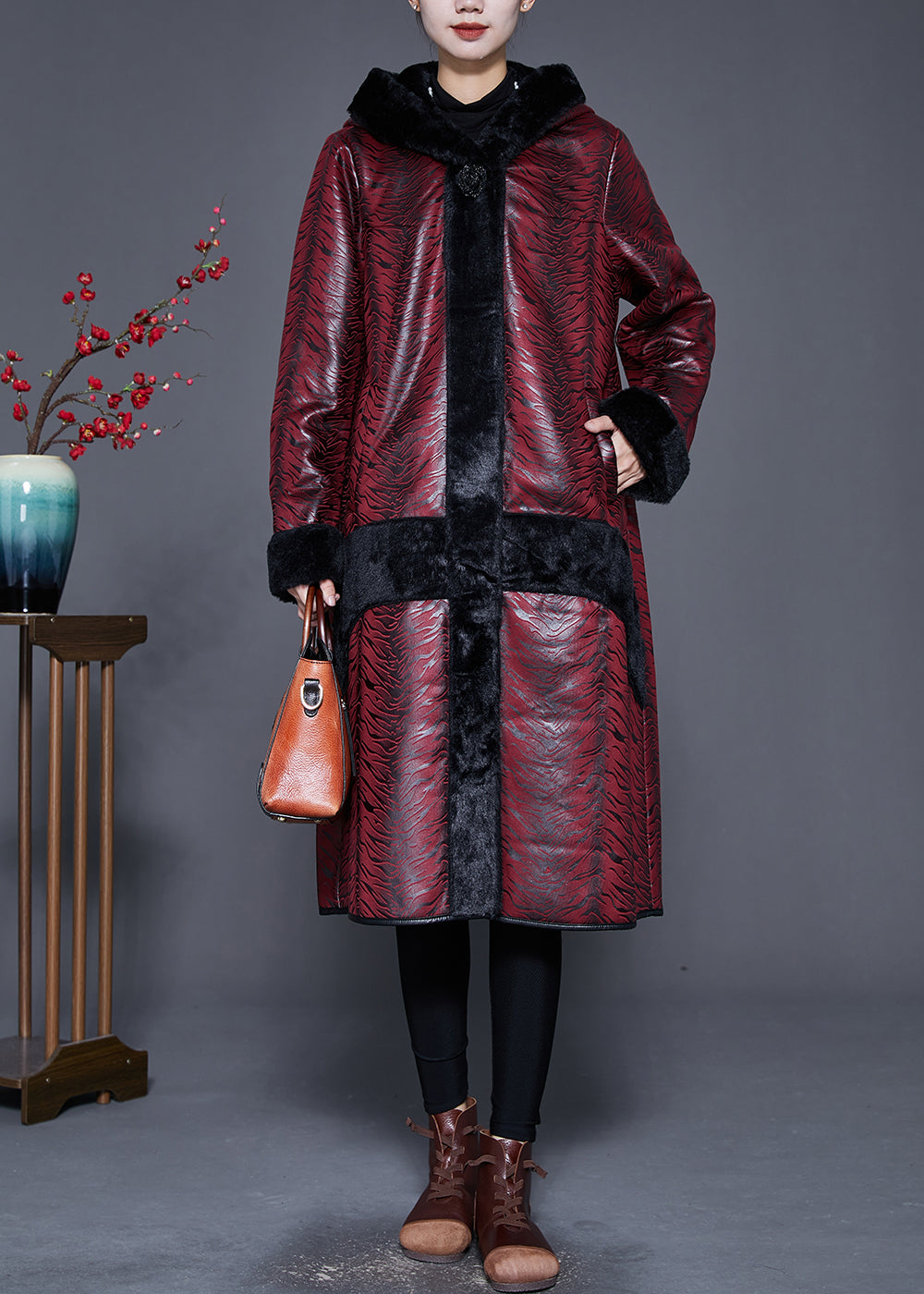 WW | Plus Size Dull Red Hooded Patchwork Warm Fleece Coats Winter