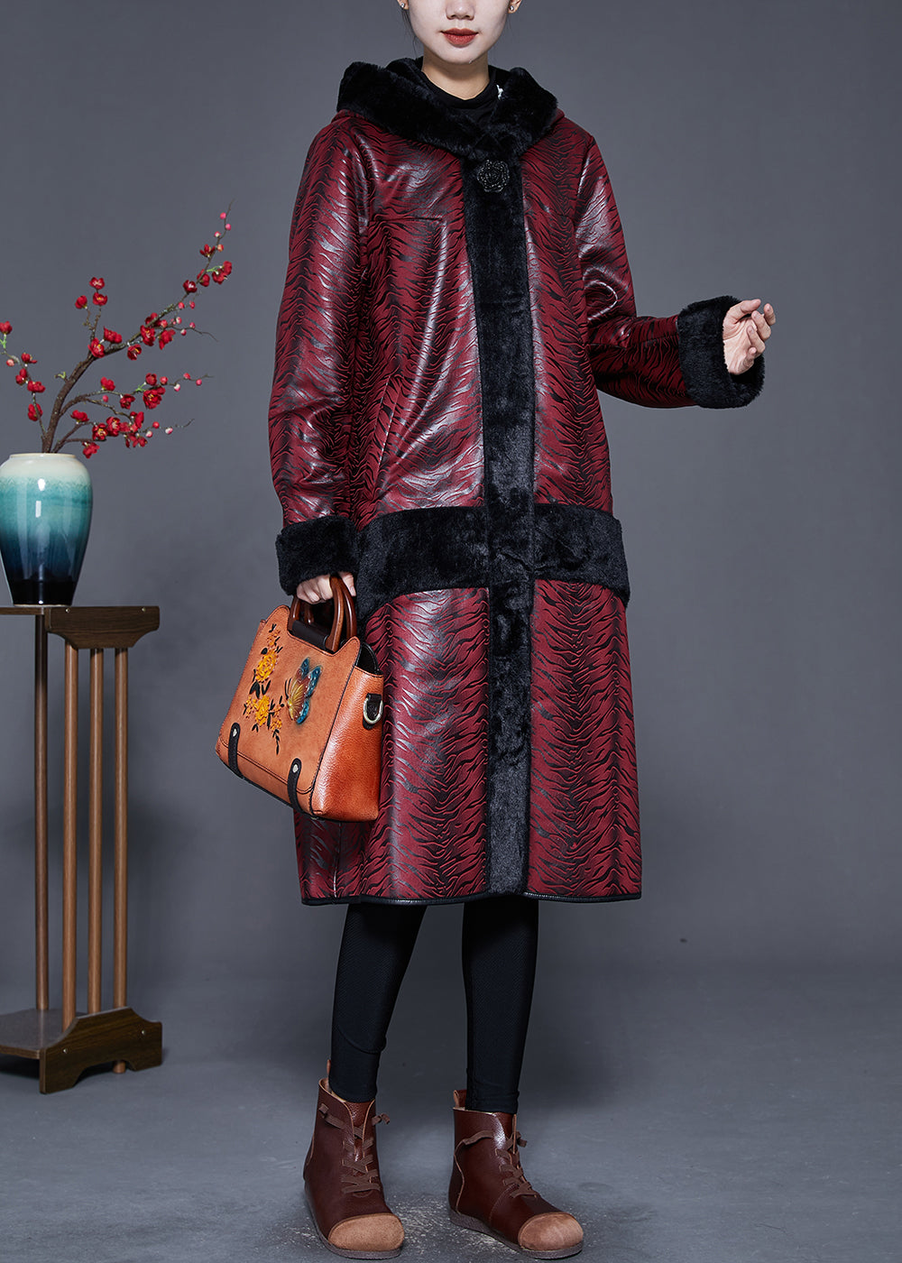 WW | Plus Size Dull Red Hooded Patchwork Warm Fleece Coats Winter