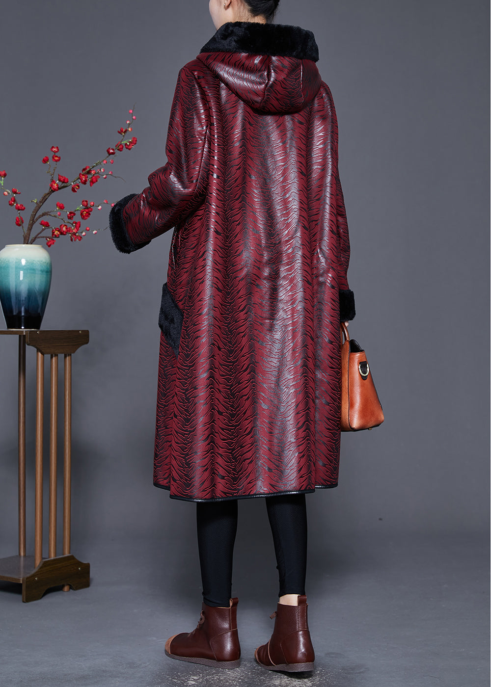 WW | Plus Size Dull Red Hooded Patchwork Warm Fleece Coats Winter