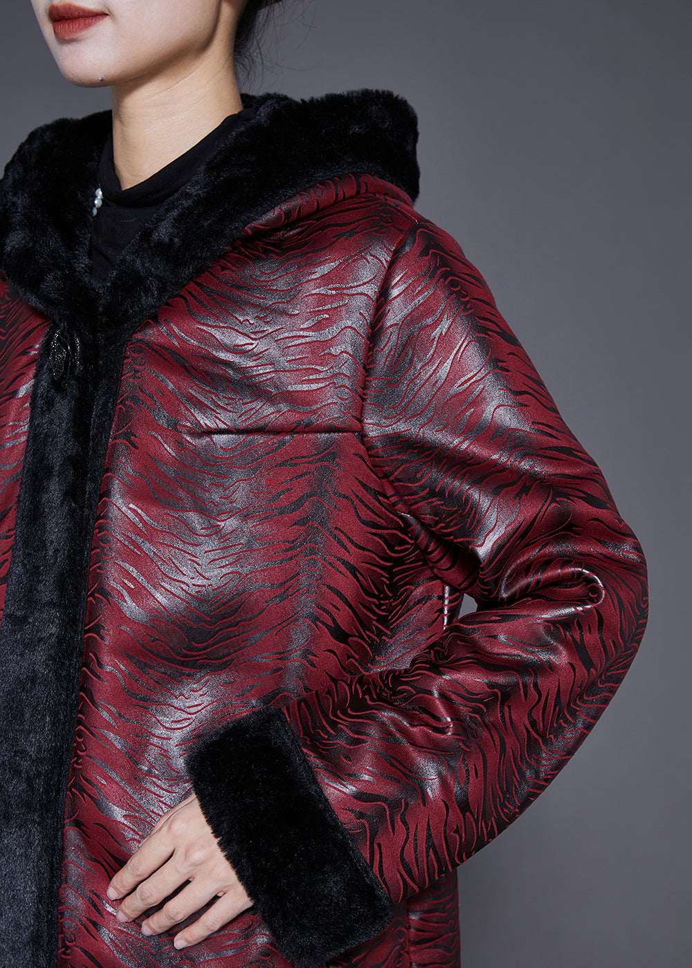 WW | Plus Size Dull Red Hooded Patchwork Warm Fleece Coats Winter