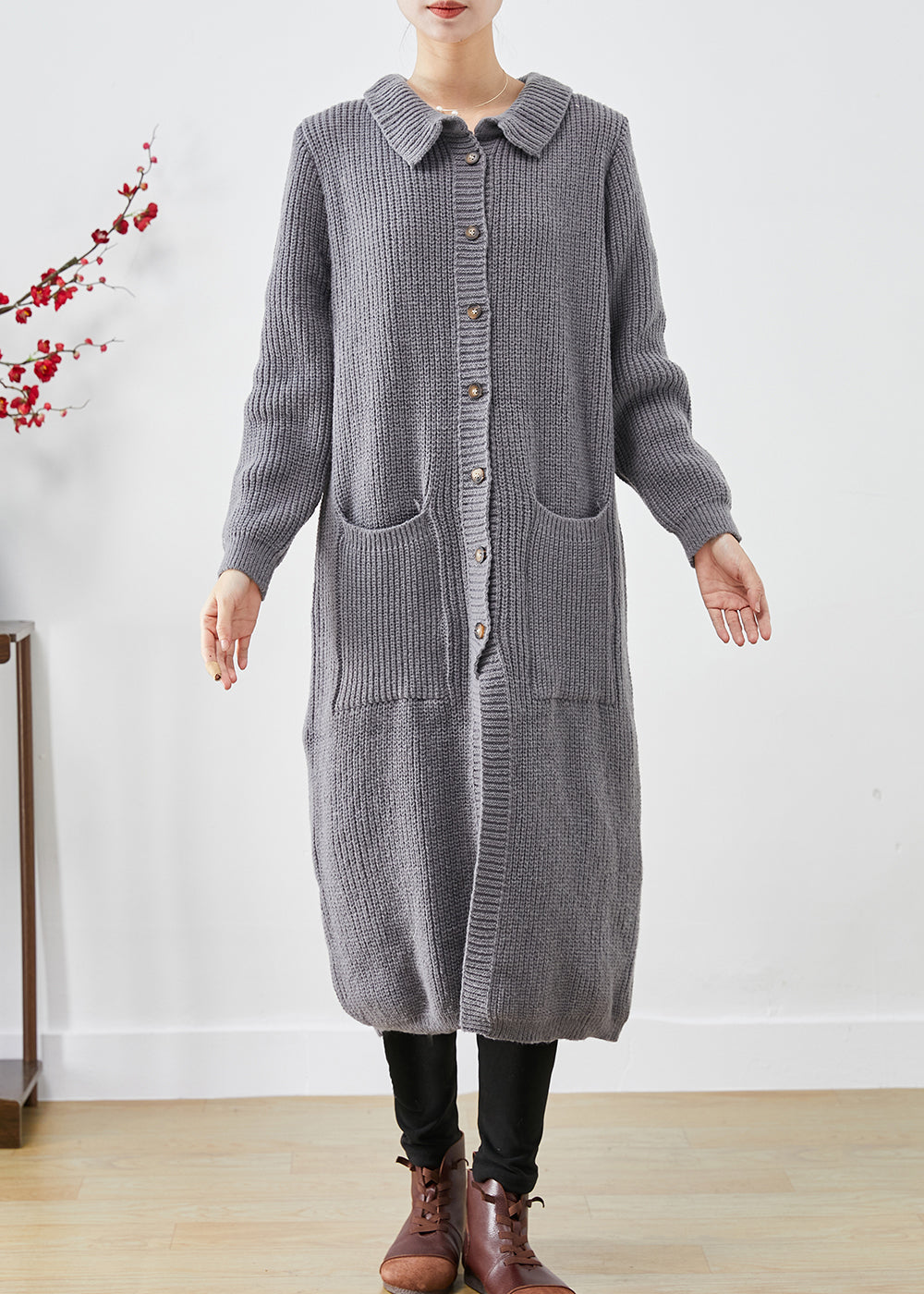 WW | Size Gray Button-Down Pockets Knit Long Coats