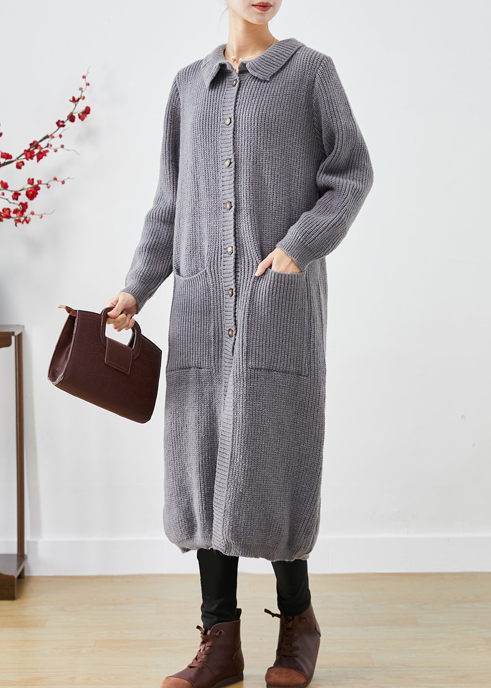 WW | Size Gray Button-Down Pockets Knit Long Coats