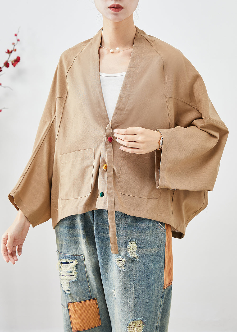 WW | Khaki Oversized Baggy Linen Batwing Sleeve Jackets