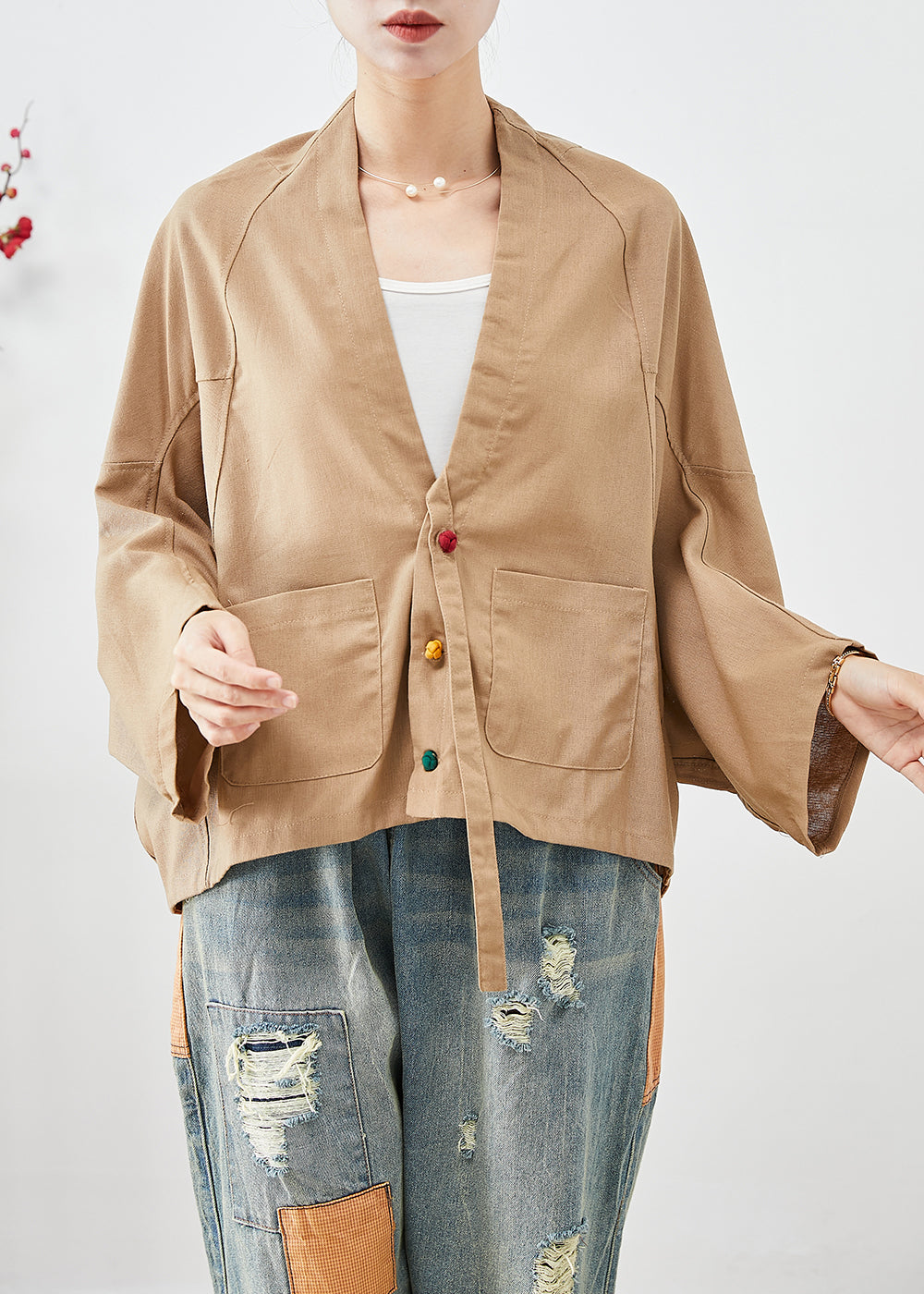 WW | Khaki Oversized Baggy Linen Batwing Sleeve Jackets