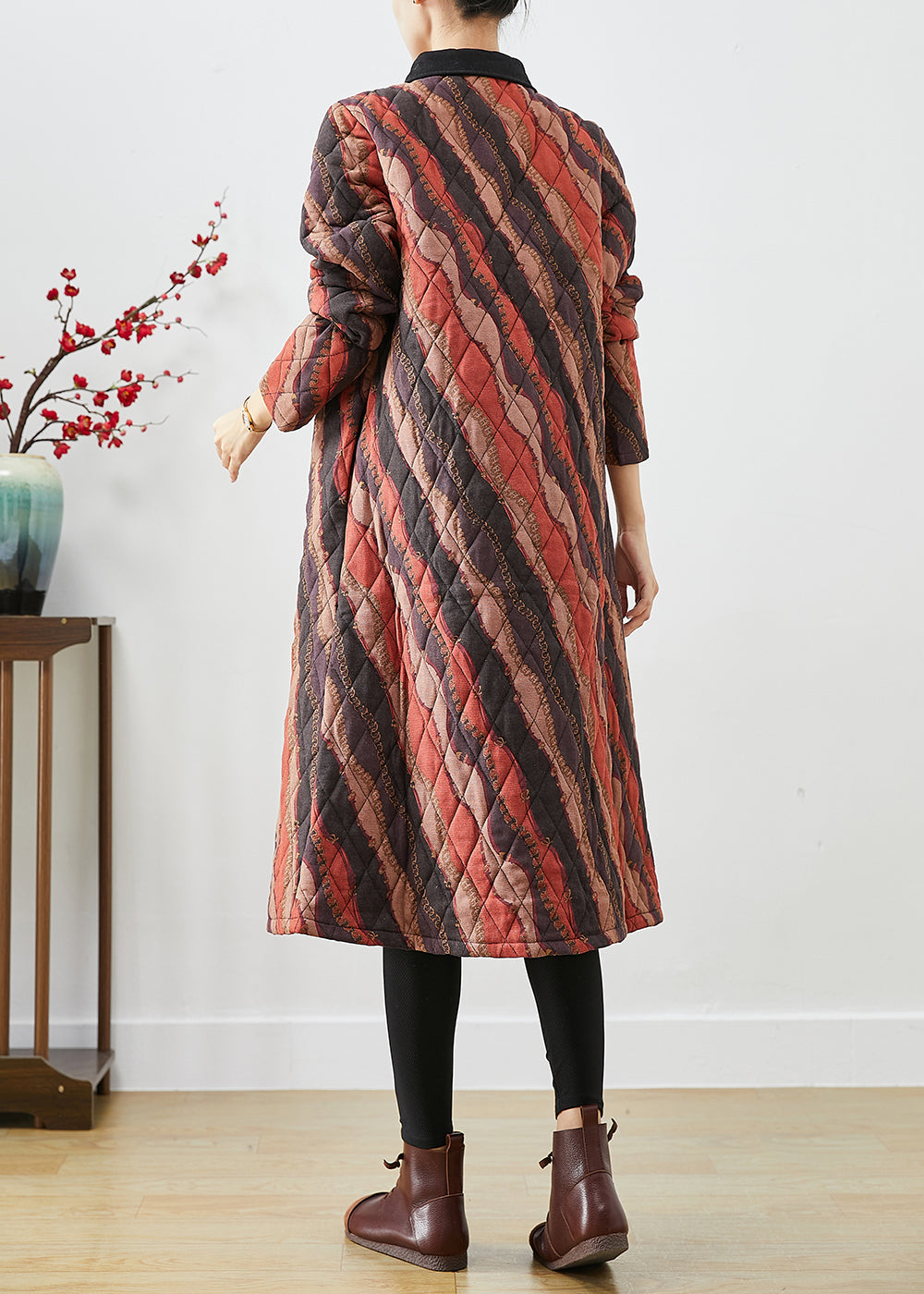 WW | Size Khaki Peter Pan Collar Striped Fine Cotton Lined Coats