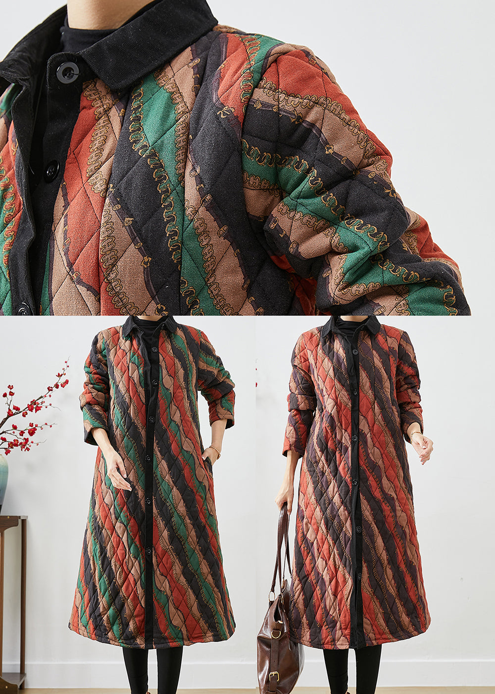 WW | Size Khaki Peter Pan Collar Striped Fine Cotton Lined Coats