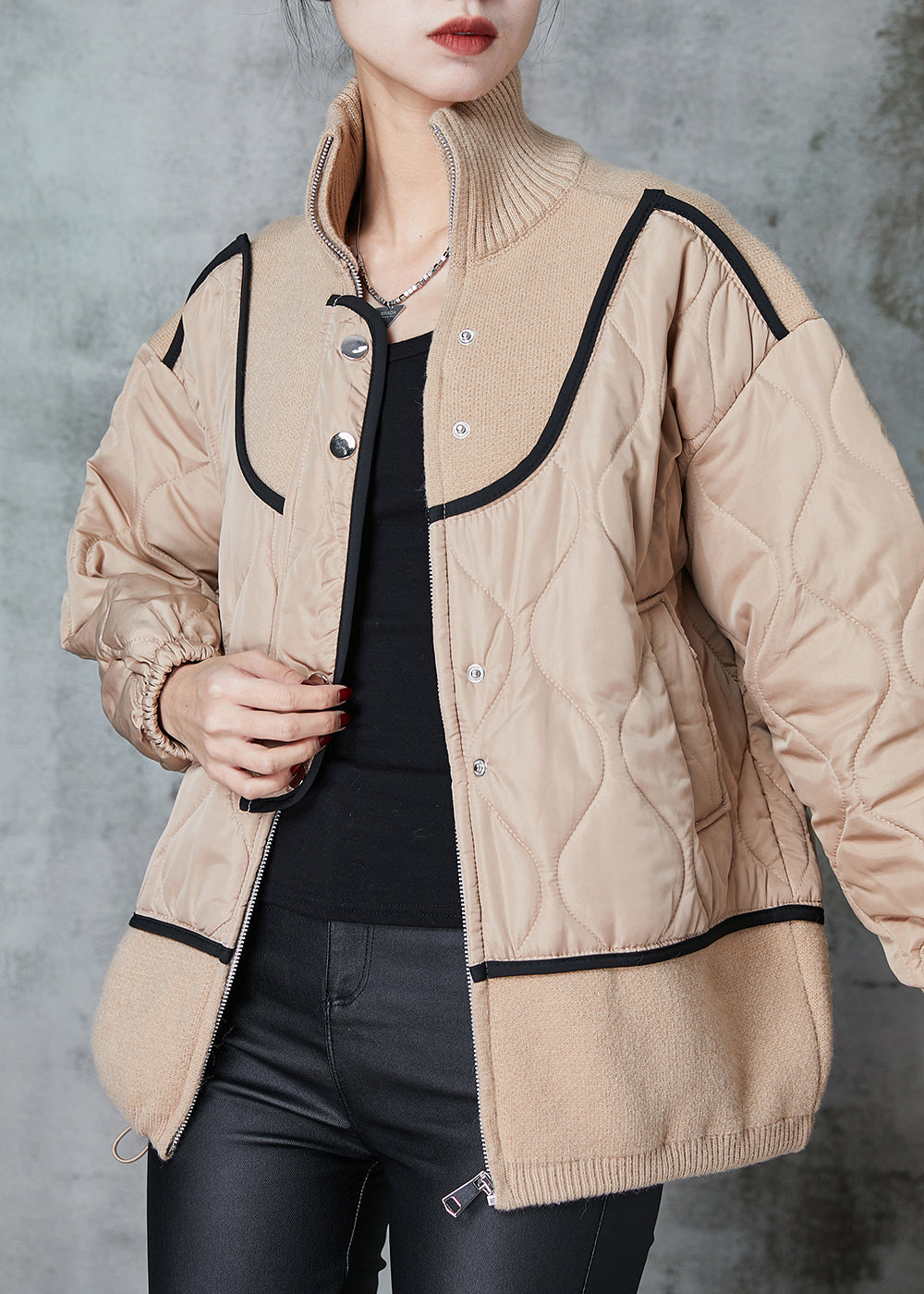 WW | Size Khaki Stand Collar Patchwork Knit Fine Cotton Padded Coats