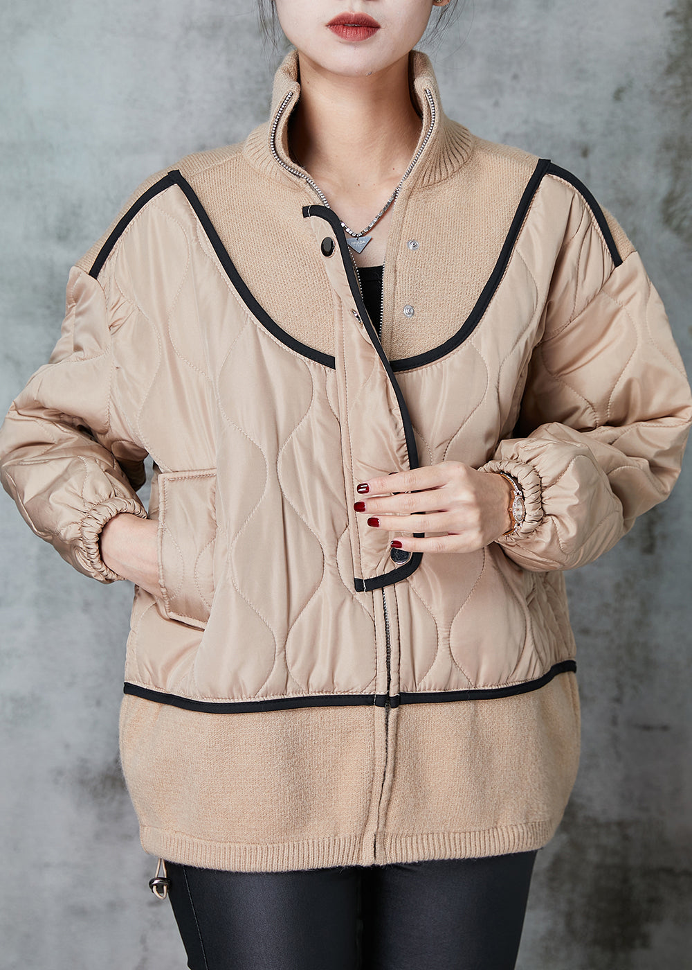 WW | Size Khaki Stand Collar Patchwork Knit Fine Cotton Padded Coats