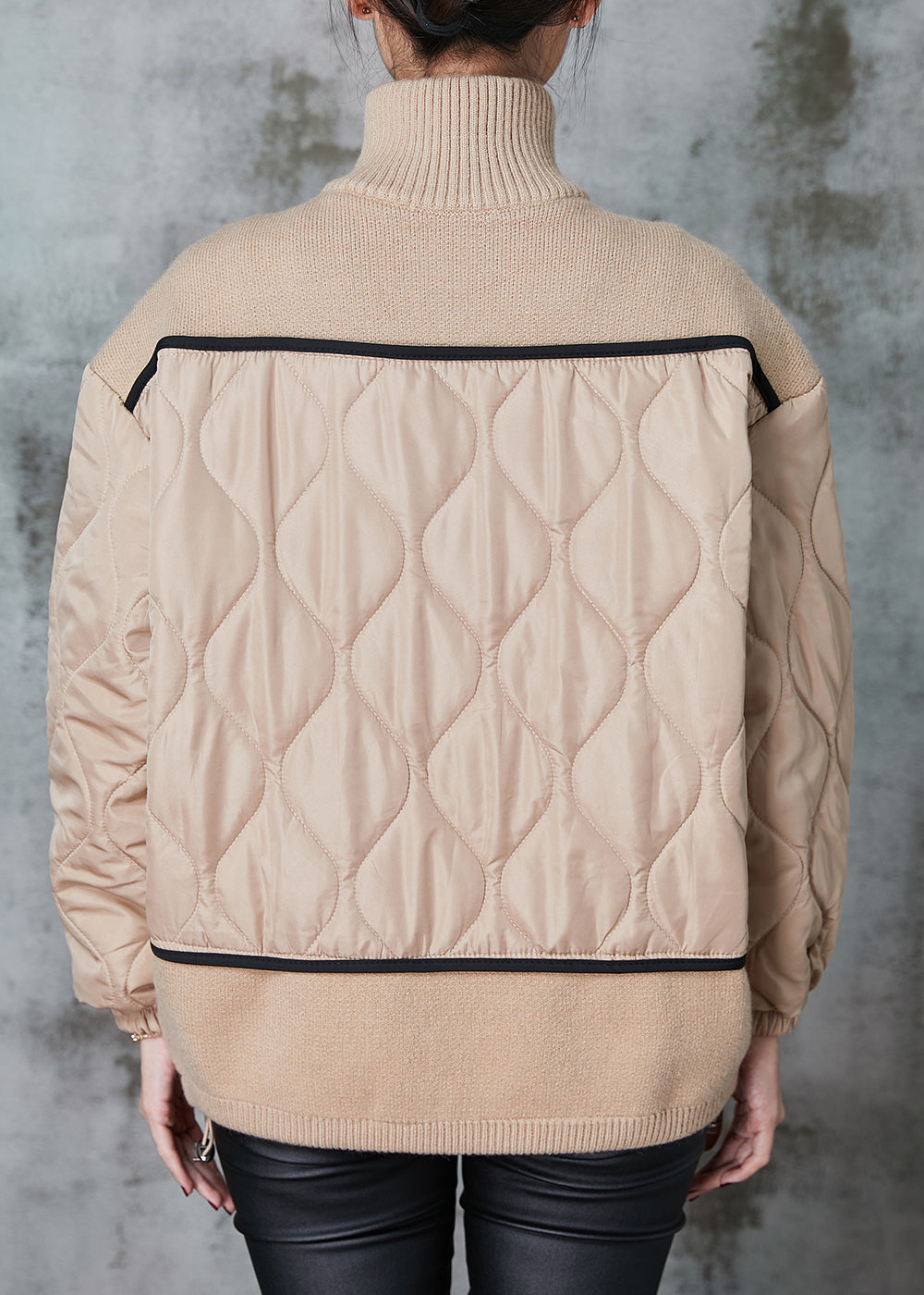 WW | Size Khaki Stand Collar Patchwork Knit Fine Cotton Padded Coats