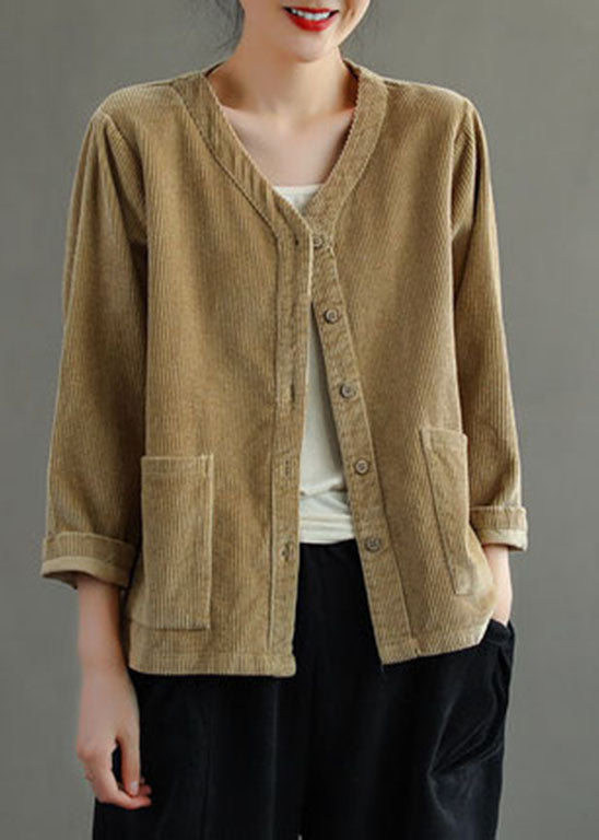 WW | Size Khaki V Neck Pockets Button Corduroy Jackets Long Sleeves