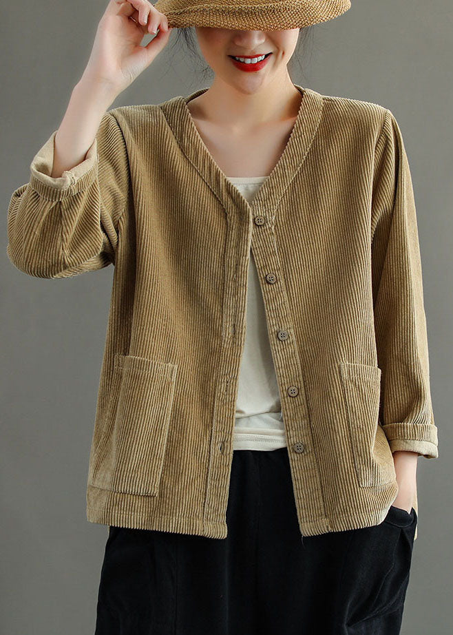 WW | Size Khaki V Neck Pockets Button Corduroy Jackets Long Sleeves