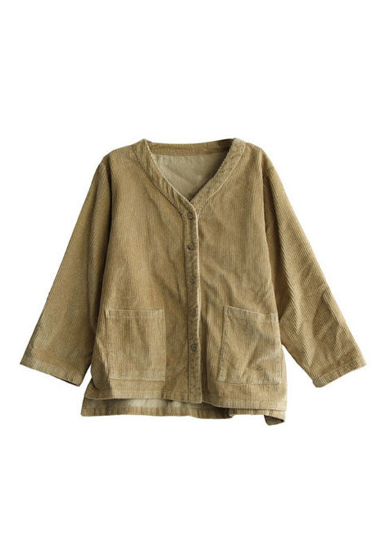 WW | Size Khaki V Neck Pockets Button Corduroy Jackets Long Sleeves