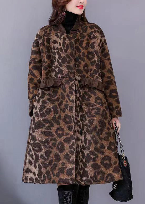 WW | Size Leopard Ruffle Pockets Thick Wool Coats Long Sleeve