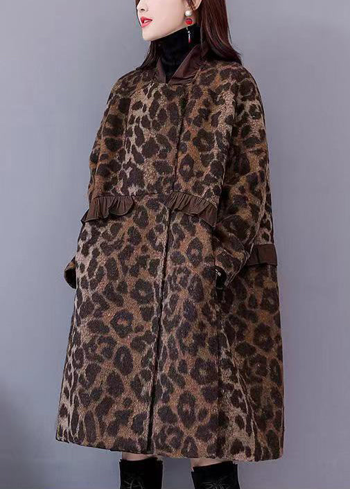 WW | Size Leopard Ruffle Pockets Thick Wool Coats Long Sleeve