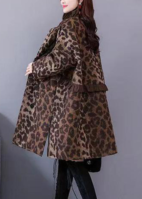 WW | Size Leopard Ruffle Pockets Thick Wool Coats Long Sleeve