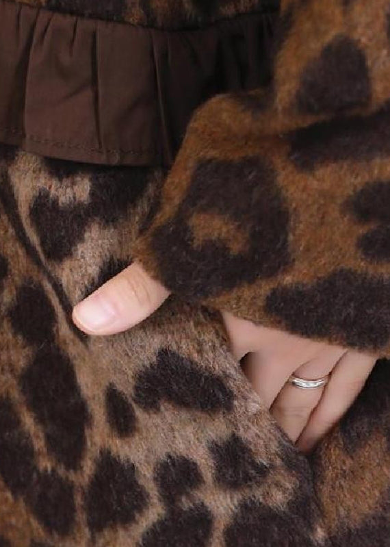 WW | Size Leopard Ruffle Pockets Thick Wool Coats Long Sleeve