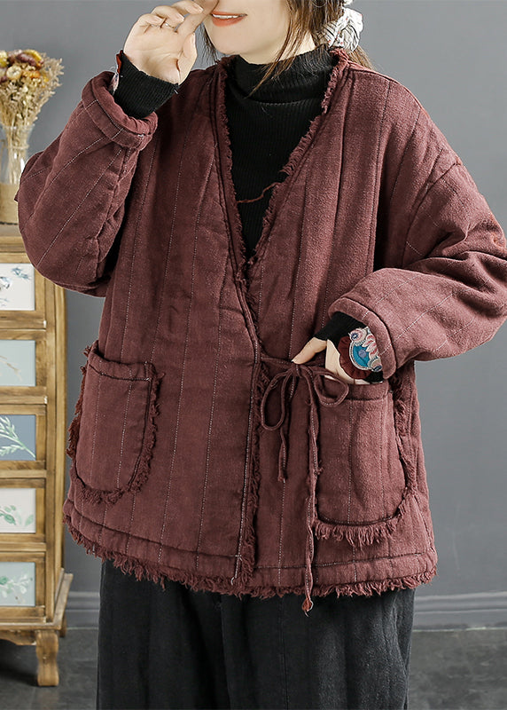 WW | Mulberry size V-neck Pockets Lacing Fine Cotton-filled Jackets