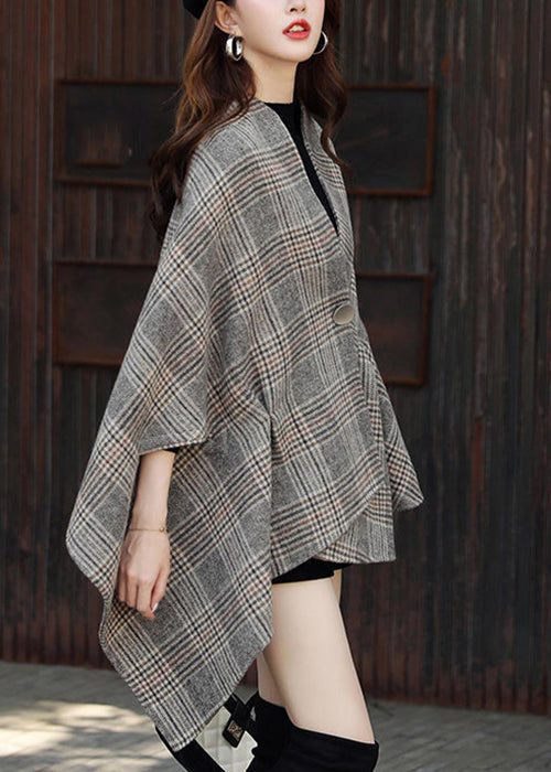 WW | Size Plaid Asymmetrical Button Patchwork Cotton Coats