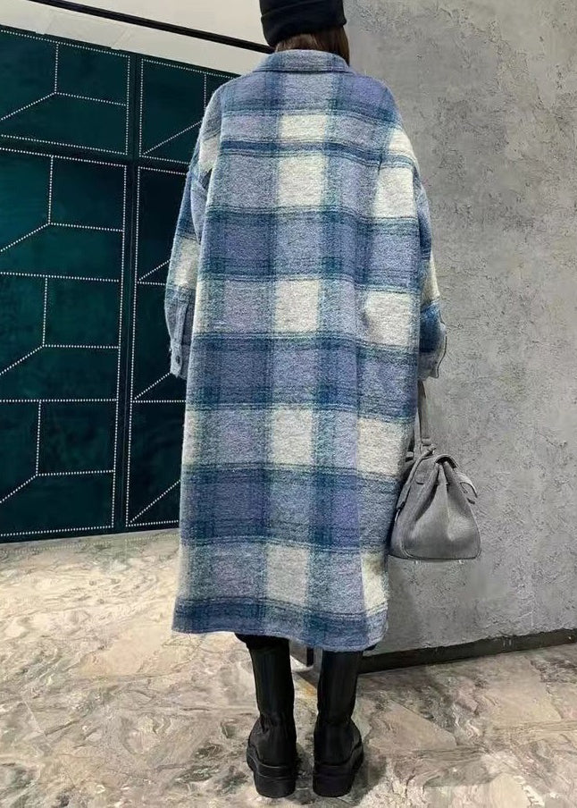 WW | Checked Peter Pan Collar Button Wool Long Shirt Coats