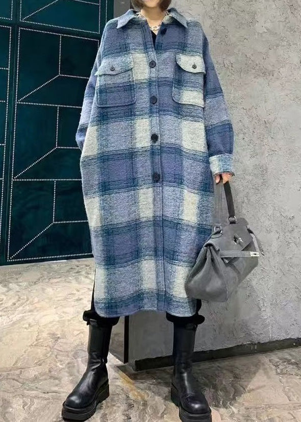 WW | Checked Peter Pan Collar Button Wool Long Shirt Coats