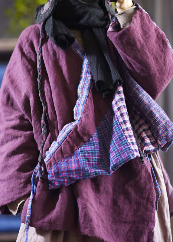 WW | Size Purple V-Neck Lace-Up Patchwork Fine Cotton-Filled Coats Winter