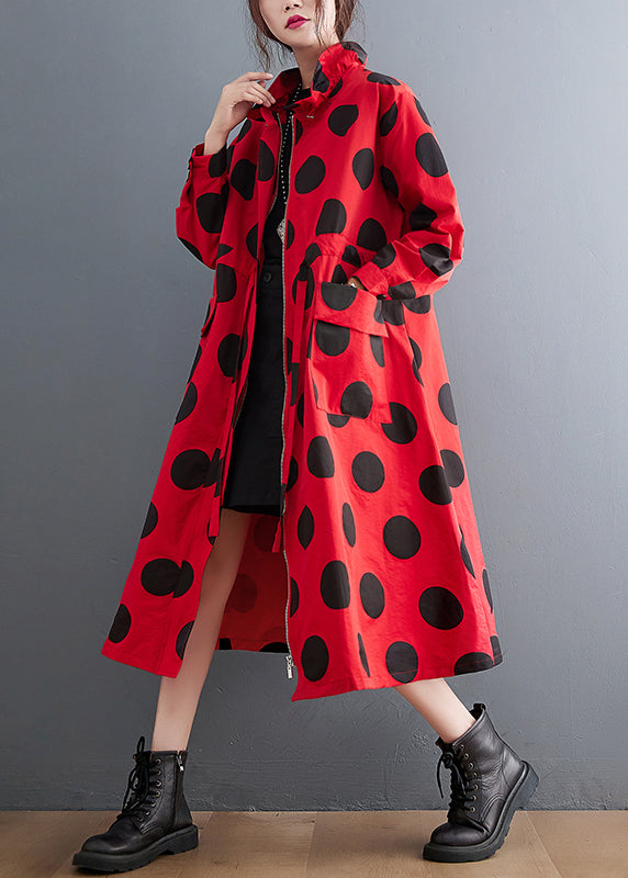 WW | Plus Size Red Ruffle Pocket Dot Drawstring Cotton Coats