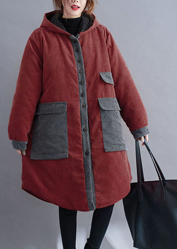 WW | Chocolate Hooded Jackets with Pockets Winter Jackets Cotton Thick Coats