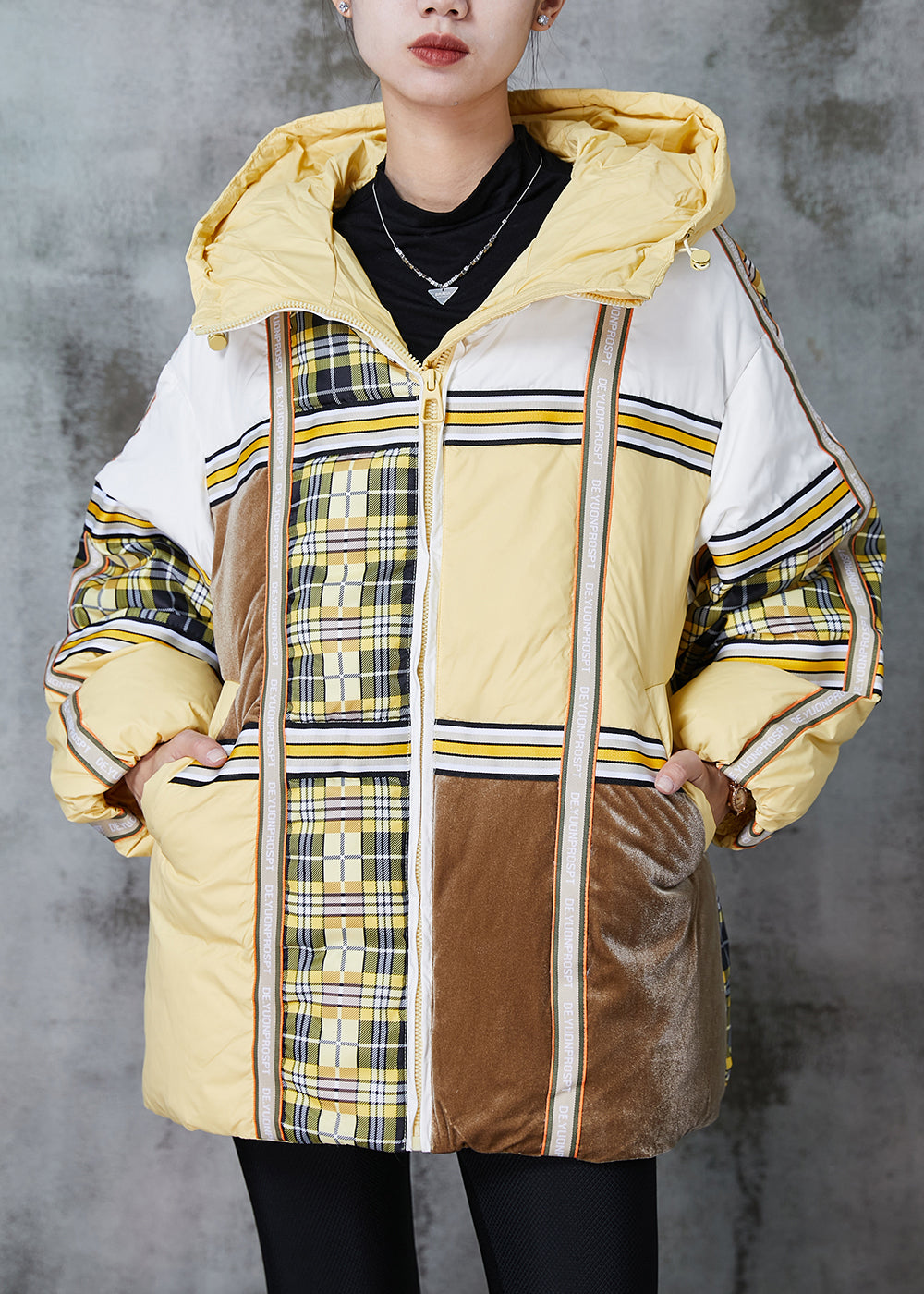WW | Large Yellow Oversized Patchwork Duck Feather Puffer Coats Winter