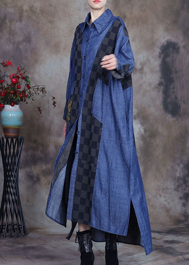 WW | Size Denim Blue Patchwork Plaid Asymmetrical Design Coats