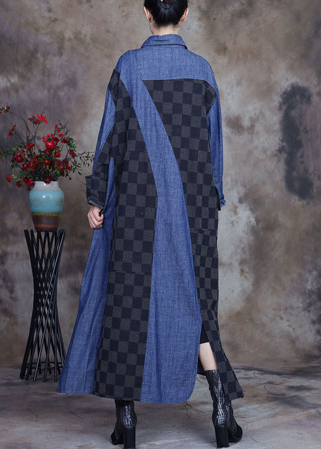 WW | Size Denim Blue Patchwork Plaid Asymmetrical Design Coats