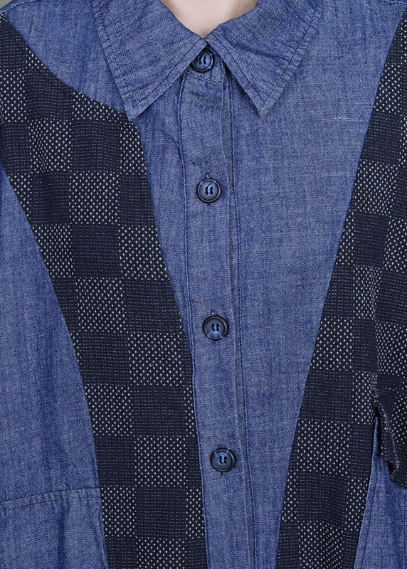 WW | Size Denim Blue Patchwork Plaid Asymmetrical Design Coats