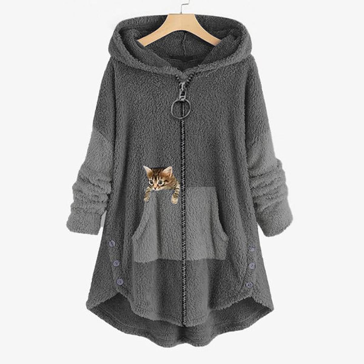 WW | Plush Teddy Coat with Cat Design For Autumn and Winter