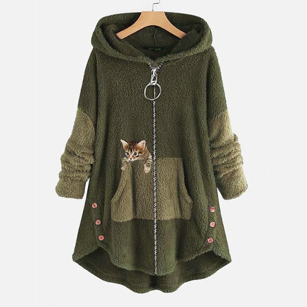 WW | Plush Teddy Coat with Cat Design For Autumn and Winter
