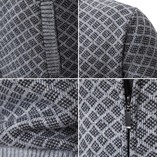 WW | Strickjacke Reißverschluss Hoher Kragen Modernes Karomuster Bequeme Passform