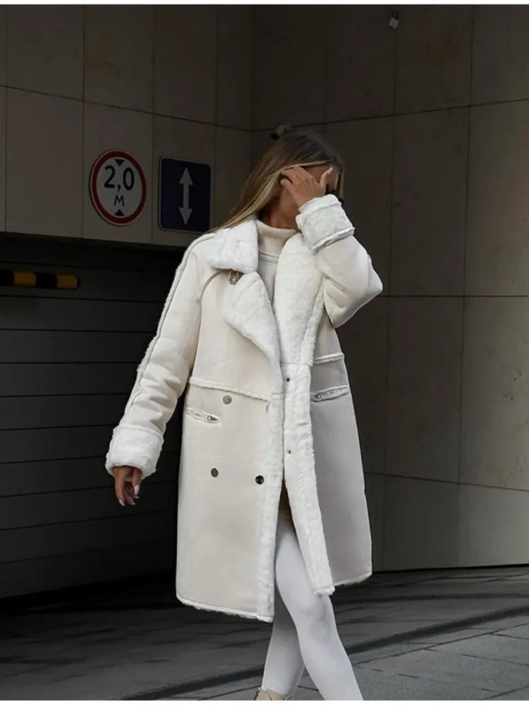 WW | Women's Long Teddy Coat – Oversized Fit – Plush Shearling – With Lapels – Button Closure