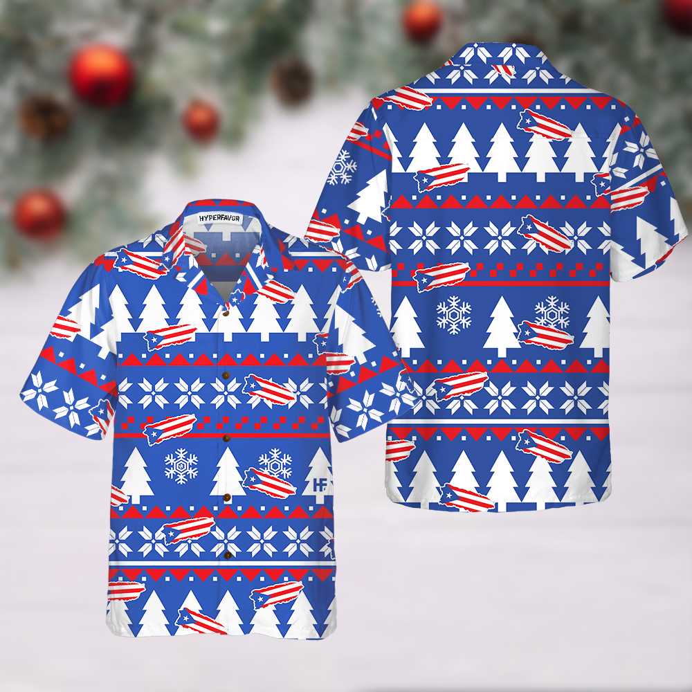 WW | Puerto Rico Hässliches Weihnachtsmuster Hawaiian Shirt, Puerto Rico Flaggen Weihnachtshemd für Männer