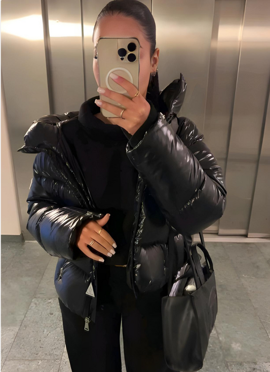 WW | Damen Glänzende Pufferjacke mit Kapuze und Wattierung