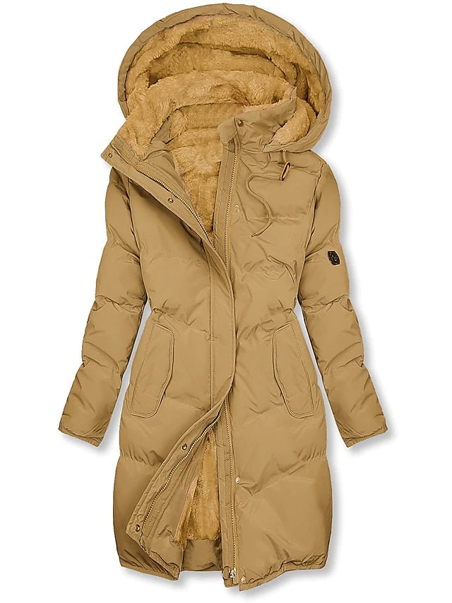 WW | Warme Damenjacke mit Kapuze und Langem Wattierten Wintermantel